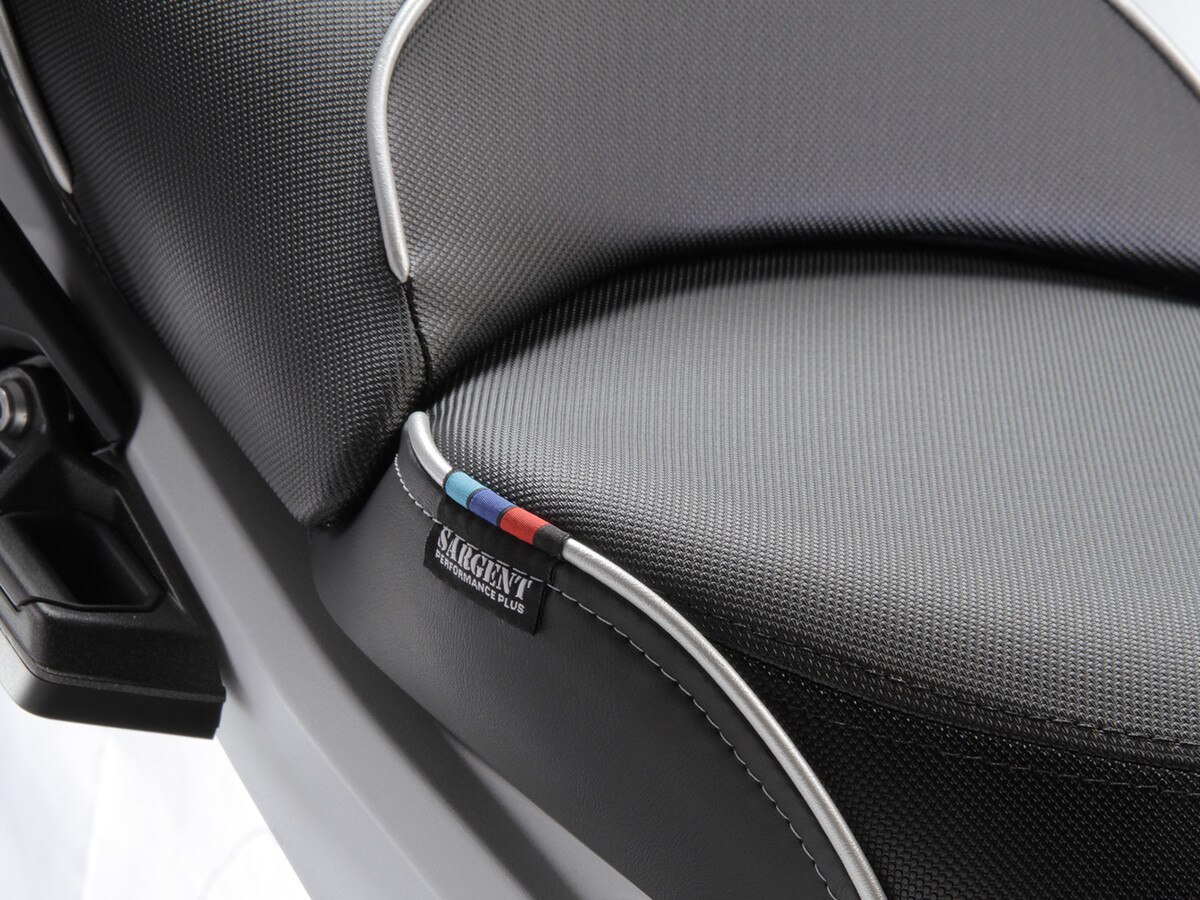 Sargent World Sport Aftermarket Motorcycle Seat for the 2023+ BMW R 1300 GS showing the upholstery detail of the Performance Plus seat with silver welt.